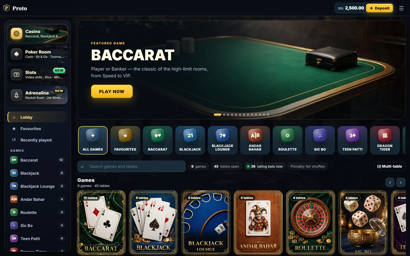 Game lobby opened from a client casino